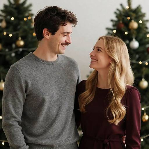 Photograph of a smiling couple with the man in a gray sweater and the woman in a burgundy top, standing in front of decorated Christmas trees.