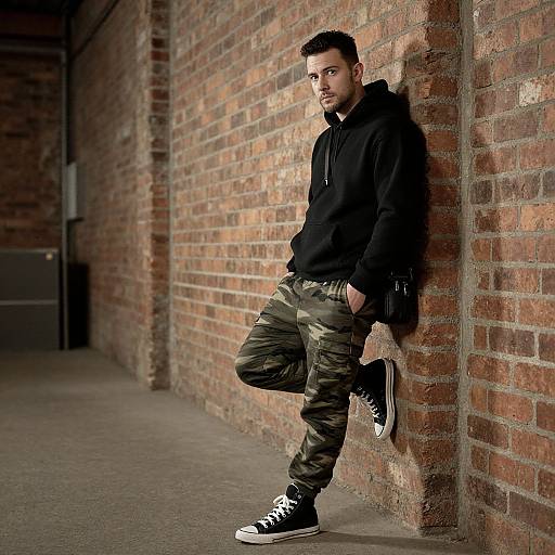 Photograph of a bearded man in black hoodie, camo pants, and black sneakers leaning against a red brick wall in an urban alleyway.