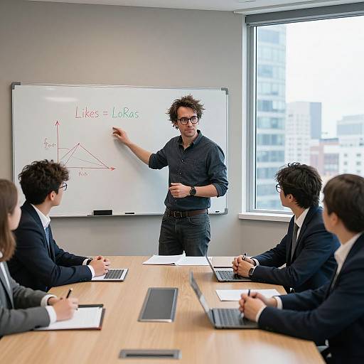 Photograph of a male business consultant with curly hair and glasses, standing and writing on a whiteboard in a modern office, explaining 