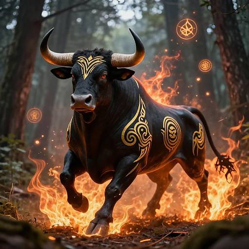 Surreal Black Bull with Tribal Flames