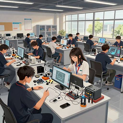 Photograph of a modern, well-lit office with multiple Asian employees in dark uniforms working at white desks with computers, surrounded by bright windows and office