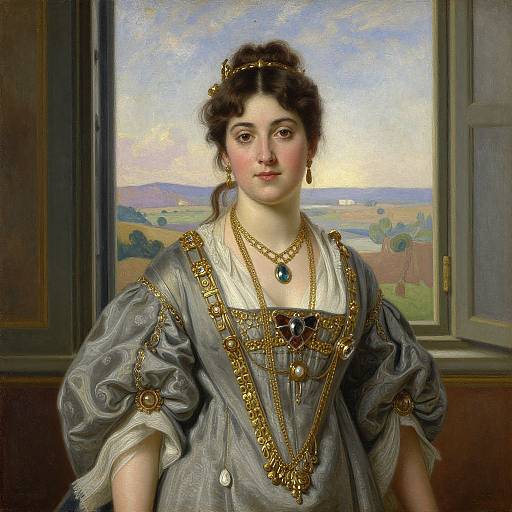 Photorealistic painting of a Caucasian woman with fair skin, dark brown hair in an updo, wearing ornate gold jewelry and a gray, pattern