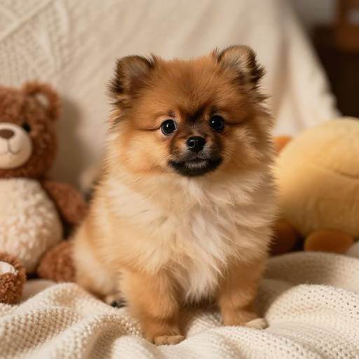 Adorable fluffy Pomeranian puppy with brown and white fur sits on a cream knitted blanket, surrounded by plush toys. Photorealistic photograph.