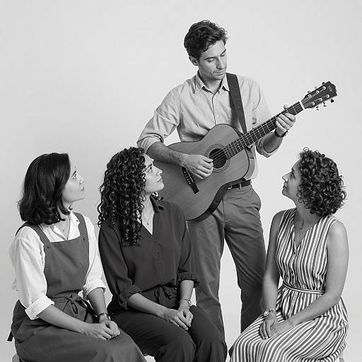 Man Playing Guitar with Three Women Listening