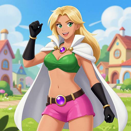 Anime-style digital illustration of a blonde, green-eyed woman with large breasts, wearing a green crop top, pink shorts, black gloves, white cape,