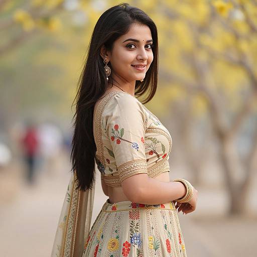 Photograph of an Indian woman with long black hair, wearing a beige floral embroidered traditional outfit, smiling, standing on a sunlit tree-lined path.