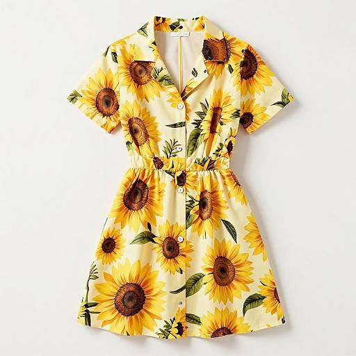 Photograph of a short-sleeve, yellow sunflower patterned dress with brown centers and green leaves on a white background.