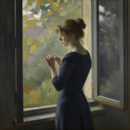 A delicate woman in a dark dress, with brown hair in a bun, holds a dandelion seed, standing by a sunlit window with abstract