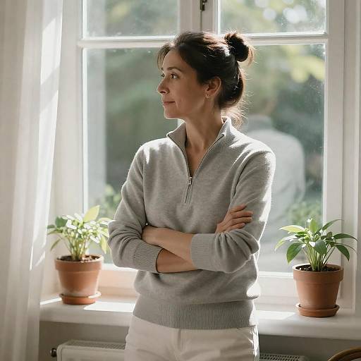 Sunlit Window Portrait: Woman in Sweater