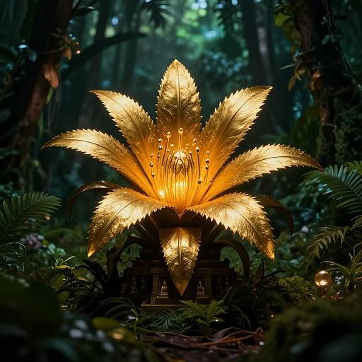 Photograph of a glowing, golden, lotus-like light sculpture with radiant petals in a dense, dark forest, surrounded by lush greenery.