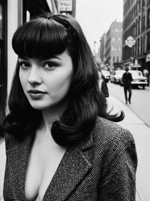 Woman with Bettie Page Bangs on City Street