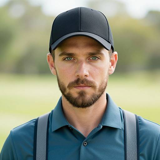 Photograph of a bearded man with blue eyes, wearing a black cap, blue polo shirt, and grey suspenders, standing outdoors with a blurred