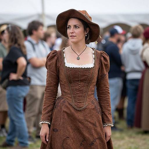 Photograph of a woman in a brown, 18th-century-style dress with puffed sleeves, white lace trim, and wide-brimmed hat
