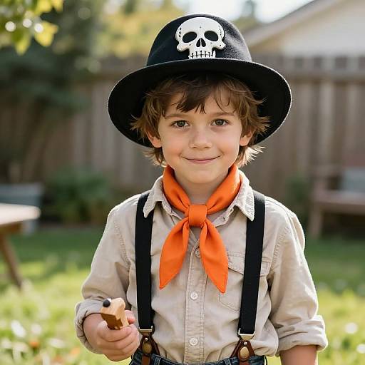 Mischievous Boy in Sunlit Backyard