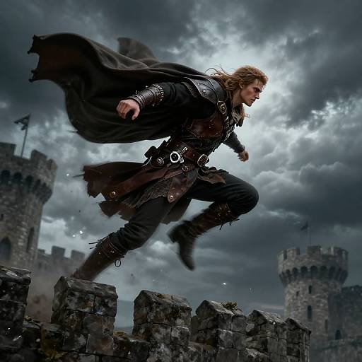 Digital fantasy artwork of a blond, muscular warrior in a black cloak and leather armor leaping over castle ruins under a stormy sky.