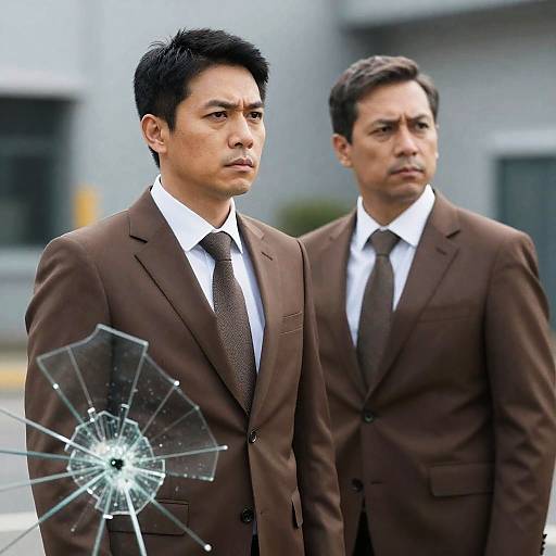 Serious Men in Brown Suits with Shattered Glass
