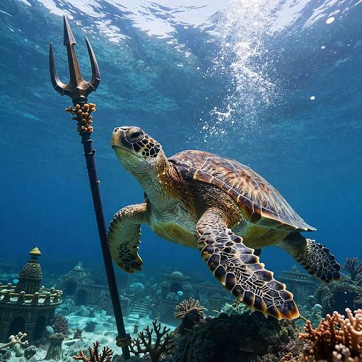 Photograph of a sea turtle swimming underwater with a trident, surrounded by coral reefs and ancient sunken structures, sunlight filtering through the blue ocean.