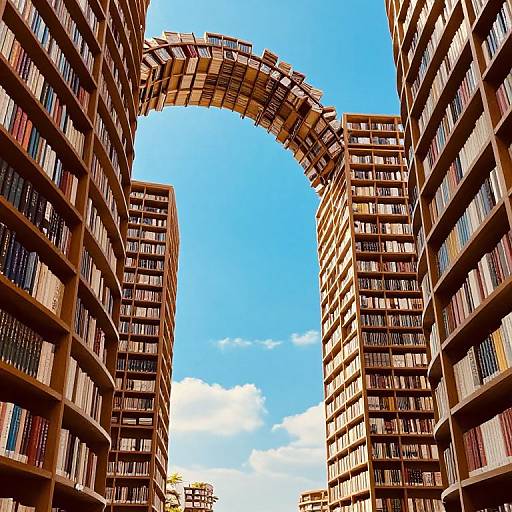 Photograph of a towering library with book-filled shelves on all sides, a curved, wooden bookshelf archway opening to a bright blue sky.