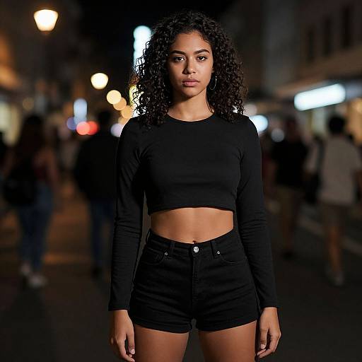 Photograph of a young woman with curly black hair, medium brown skin, wearing a black crop top and high-waisted black shorts, standing confidently