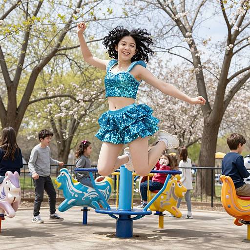 Photograph of a joyful Asian woman with curly black hair, wearing a sparkling blue sequin crop top and skirt, jumping on a blue playground ride in
