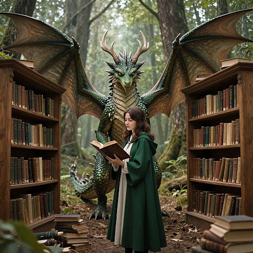 Photograph-like digital art: Young woman in green robe reads book amidst forest, standing between two wooden bookshelves, with large, green-scaled