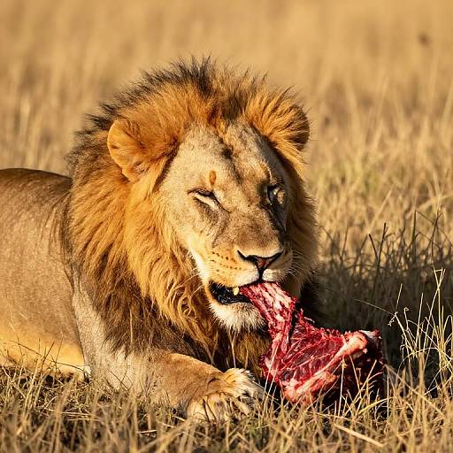 Photograph of a male lion with a golden mane, eating a bloody raw meat in a sunlit, dry grassy savanna.