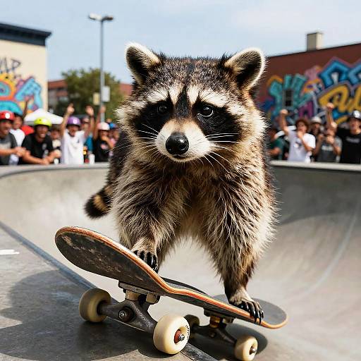 Photograph of a raccoon standing on a skateboard in a skatepark, surrounded by blurred graffiti-covered buildings and cheering spectators.