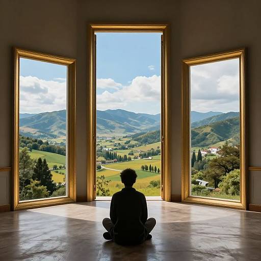 Silhouette of a person sitting cross-legged in a sunlit room with three large, golden-framed windows, overlooking a lush, mountainous landscape under