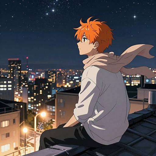 Anime-style drawing of a red-haired boy with a scarf, sitting on a rooftop at night, gazing at a starry cityscape.