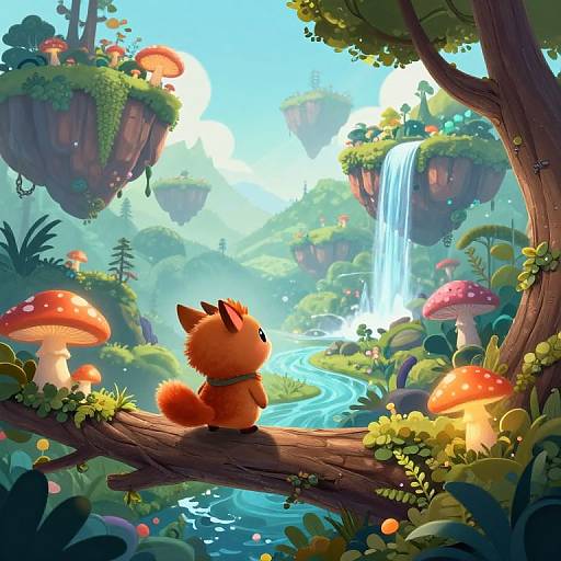 Whimsical digital painting of a cute, orange, fox-like creature on a branch, overlooking a vibrant, enchanted forest with floating islands, mushrooms,