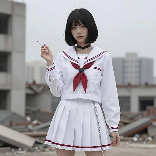 Young Woman in Sailor School Uniform Smoking