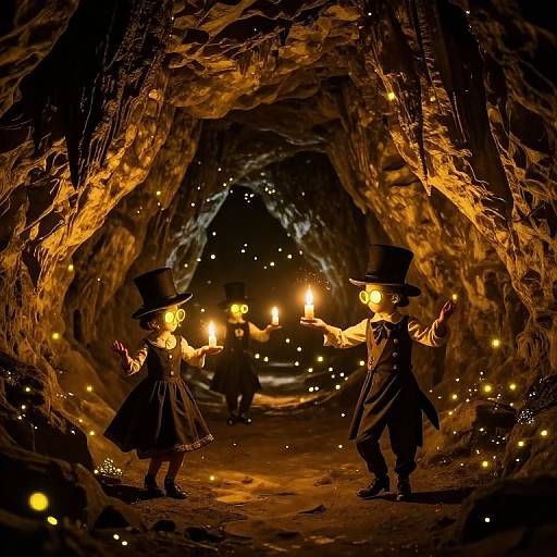 Photograph of two whimsical, glowing-eyed children in black Victorian outfits and top hats, holding lanterns, standing in a dark, illuminated cave surrounded