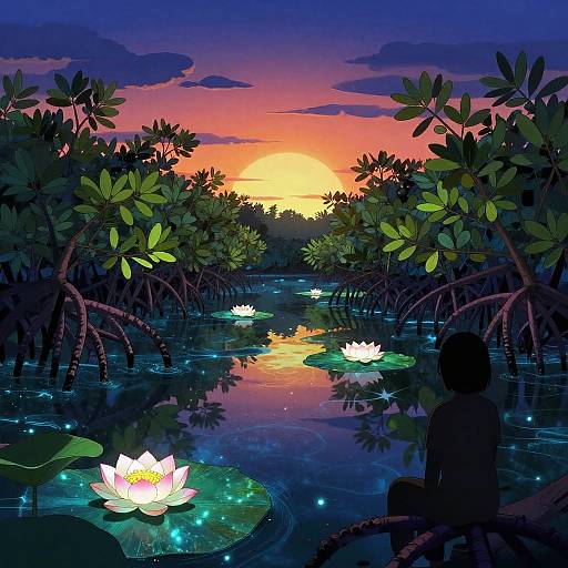 Nocturnal Mangrove Lagoon with Bioluminescent Algae