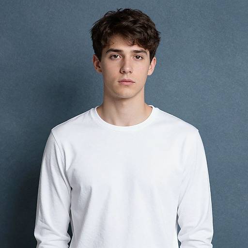 Photograph of a young man with fair skin, dark curly hair, and brown eyes, wearing a plain white long-sleeve shirt, against a