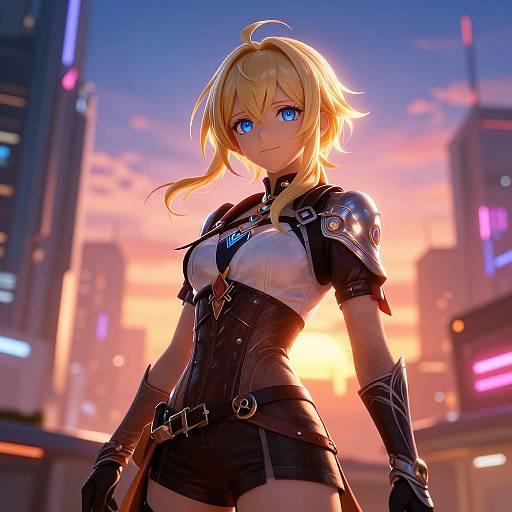 Digital anime-style artwork of a blonde, blue-eyed woman in a futuristic black and white armored outfit, standing confidently in a neon-lit cityscape at