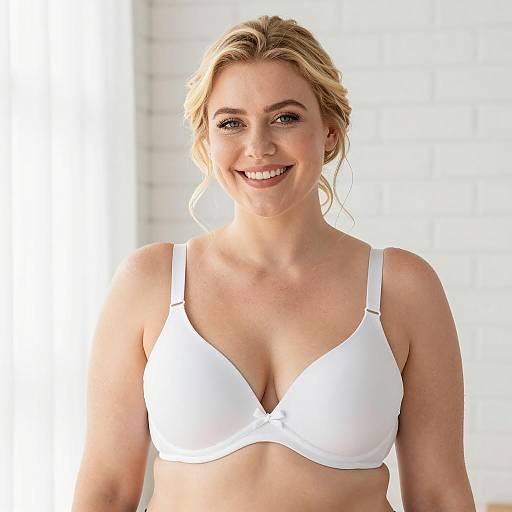 Smiling Blonde Woman in White Bra