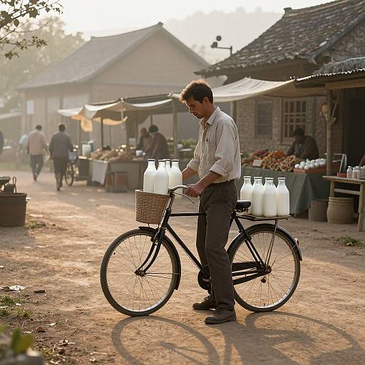 Photograph of a man with dark hair and beard, wearing a striped shirt and dark pants, loading white milk bottles into a black bicycle basket at a