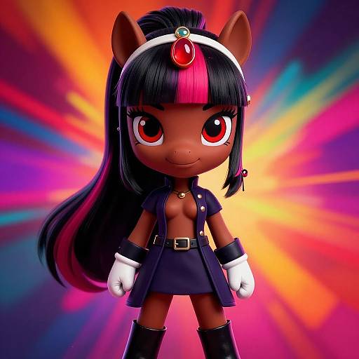 CGI chibi-style pony with dark brown fur, black hair with pink streak, red eyes, wearing a navy jacket, white gloves, and boots