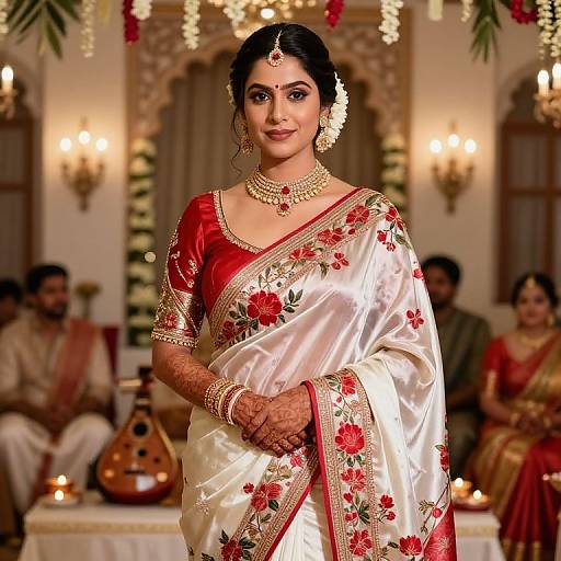 Photograph of a beautiful South Asian bride in a red and cream saree with floral embroidery, adorned with gold jewelry, standing in a warmly lit,
