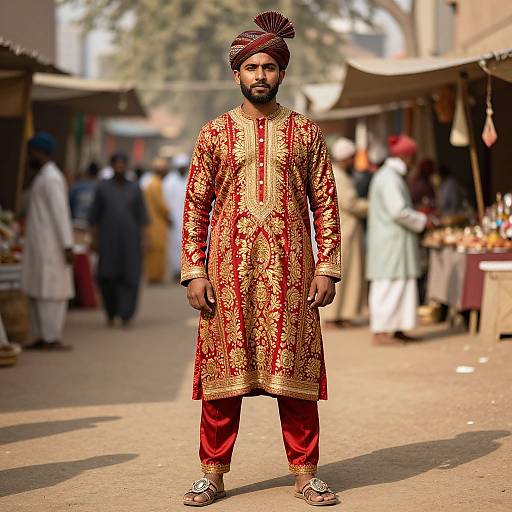 Photograph of a bearded Indian man standing in a bustling marketplace, wearing a red and gold embroidered traditional long kurta, red pants, and a