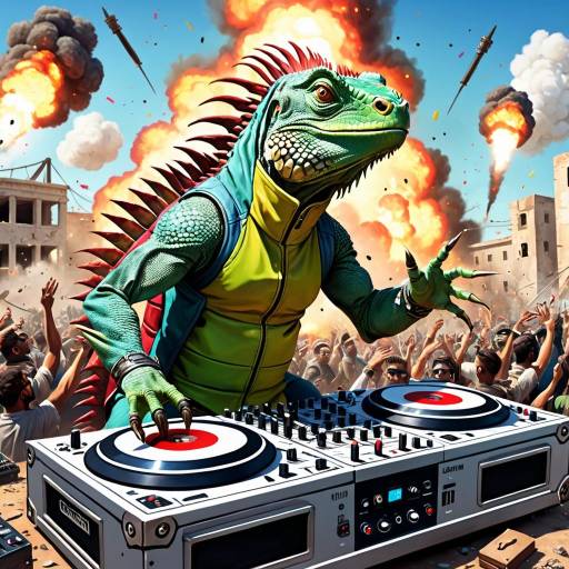 Lizard DJ Playing Music Amidst Urban Explosion