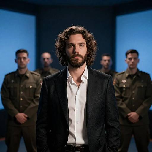 Bearded Man Amid Blue-Lit Panels