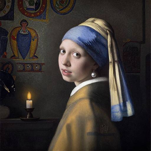 Digital artwork of a pale-skinned woman with blue and yellow headscarf, pearl earrings, looking over her shoulder, candlelit, dark, orn