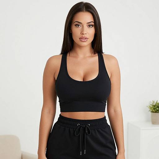 Photograph of a fit, dark-haired woman with tan skin, wearing a black sports bra and black pants, standing against a bright white background.