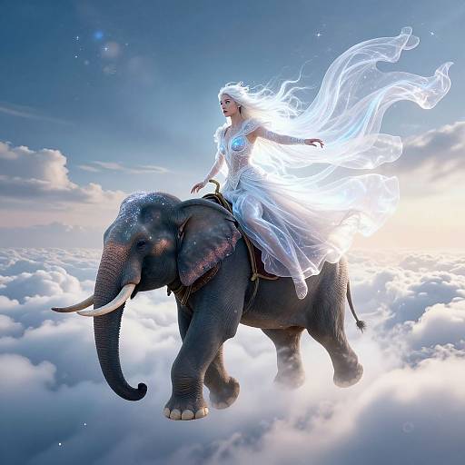 Digital artwork of a white-haired woman in a flowing, ethereal dress riding a majestic elephant above fluffy clouds, bathed in sunlight.