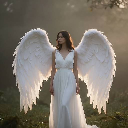 Photograph of a woman with large, glowing white angel wings, wearing a flowing white dress, standing in a misty forest.