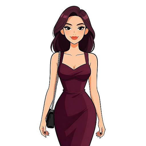 Digital illustration of a confident woman with long dark brown hair, wearing a form-fitting, strapless dark purple dress, and carrying a black purse on