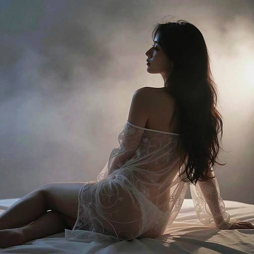 Silhouetted photograph of a woman with long, wavy hair, wearing a sheer, lace, off-shoulder dress, seated on a