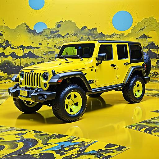 Bright Yellow Jeep Wrangler with Artistic Background