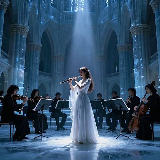 Photograph of a female singer in a white, flowing gown performing in a grand, illuminated cathedral, surrounded by a string orchestra.